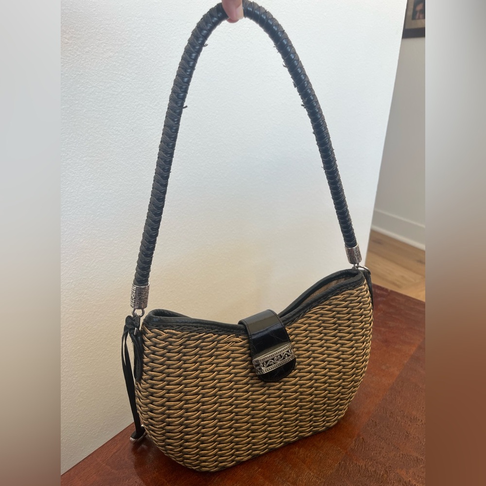 Vtg Brighton Black and Tan straw & leather woven shoulder boho cottagecore bag